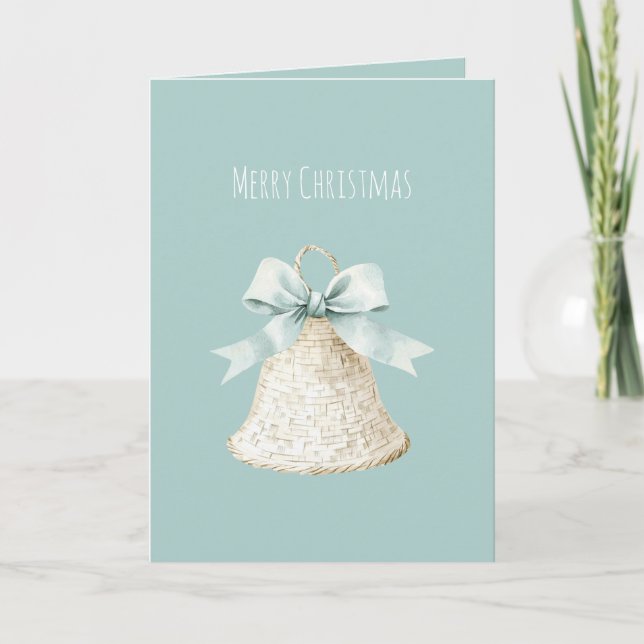 Cartão Sino de Natal Creme com Laço Azul Bonito (Frente)
