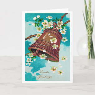 Cartão Sino de Páscoa Antigo e Flores de Cerejeira