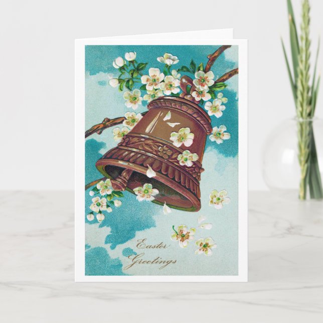 Cartão Sino de Páscoa Vintage e Flores de Cerejeira (Frente)