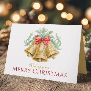 Cartão Sinos dourados aquarela verde vermelho feliz Natal