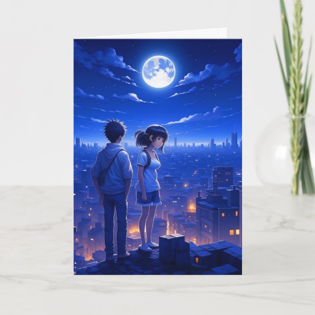 Cartão Sinto Saudades | Casal de Anime sob a Lua (Frente)