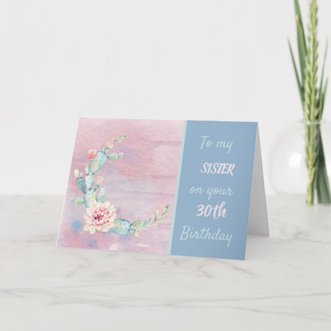 Cartão Sister aniversário de 30 anos Watercolor Cactus (Frente)