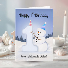 Cartão Sister Happy 1st Birthday Snowman Building