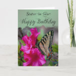 Cartão Sister-in-Law / Happy Birthday - Borboleta<br><div class="desc">Mande seu amor e seus melhores desejos de aniversário para sua cunhada nesta bela design de um cartaz preto e branco em uma linda flor rosa com uma borda verde pastel. Um verso de cartão interno está incluído para seu uso ou você pode personalizá-lo ainda mais com a adição de...</div>