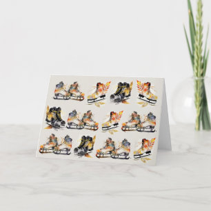 Cartão Skates de gelo de aquarela com padrão de Folhas de