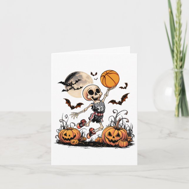 Cartão Skeleton jogando basquete Homens do Dia das Bruxas (Frente)