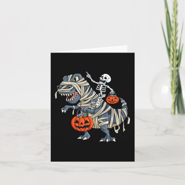 Cartão Skeleton Riding Mummy T Rex Halloween Meninas K (Frente)