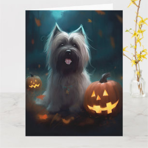 Cartão Skye Terrier de Halloween com Abóboras Assustadora