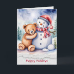 Cartão Snowman de Natal e Urso de Teddy<br><div class="desc">Urso de peluche aquático abraçando um boneco de neve na floresta de inverno com borda de papel rasgada para o Natal. Todo texto pode ser editado.</div>
