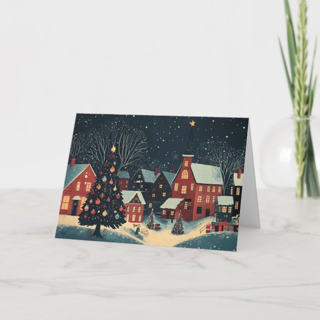 Cartão Snowy Homes com Árvores Decoradas (Frente)