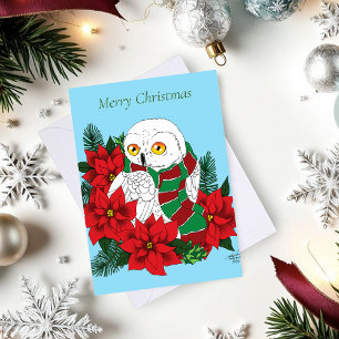 Cartão Snowy Owl Red Poinsettias Natal