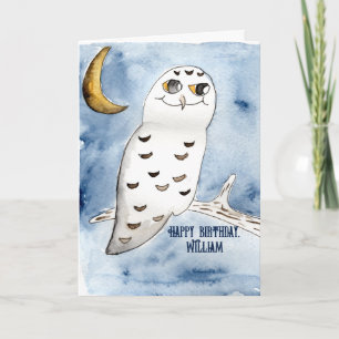 Cartão Snowy Owl Watercolor Personalizado Aniversário
