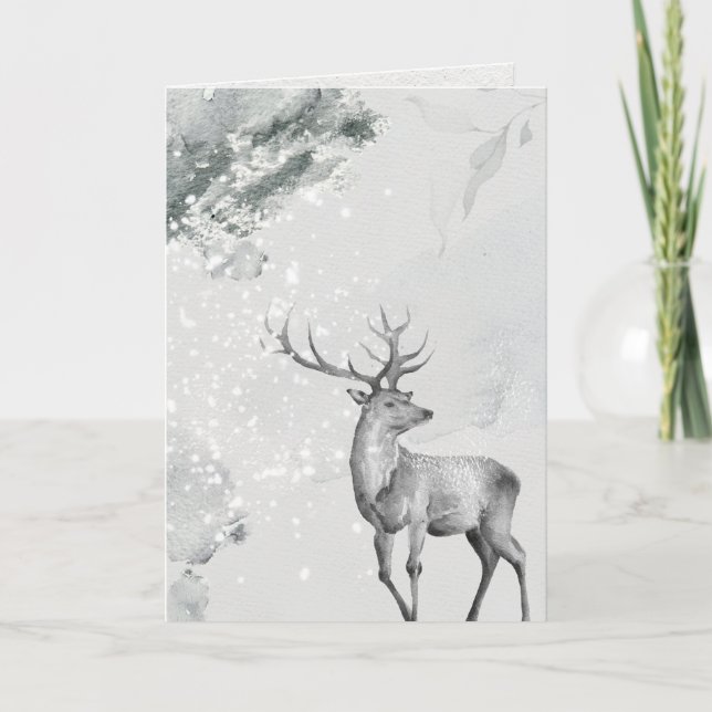 Cartão Snowy Watercolor Deer Paceful (Frente)