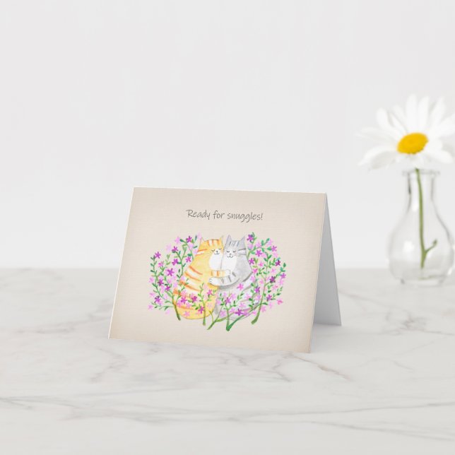 Cartão Snuggling Cats in Floral Garden Cute I Love You (Planta pequena)