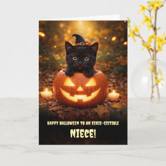 Cartão Sobrinha Halloween Pequeno Gato Preto Filhote Abób