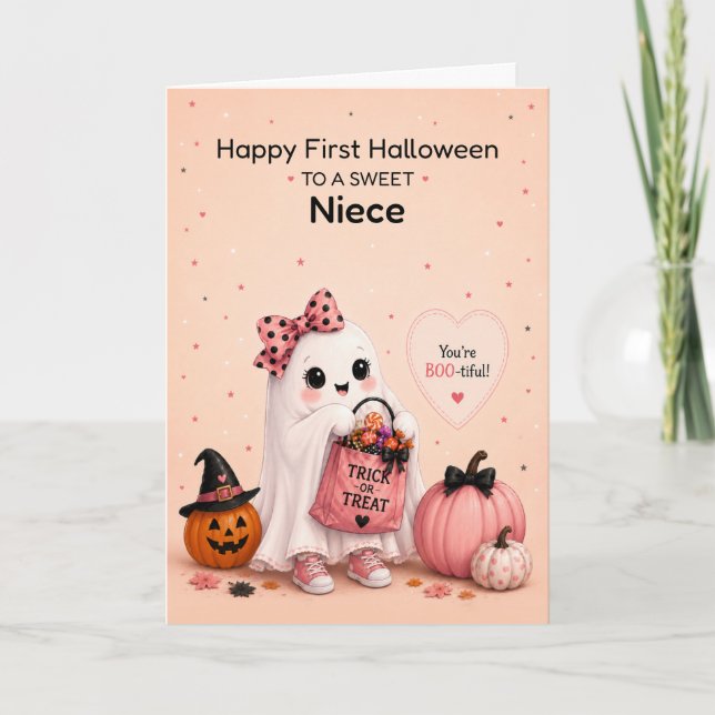 Cartão Sobrinha Primeiro Halloween Fantasma Fofo (Frente)