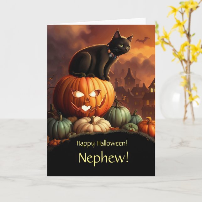 Cartão Sobrinho com Pumpkins de Gato Preto e Bonito (Flor Amarela)