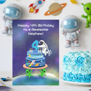 Cartão Sobrinho Feliz 4º Aniversário Astronauta com Bolo