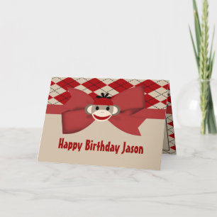 Cartão Sock Monkey Boy Gingham Birthday Party