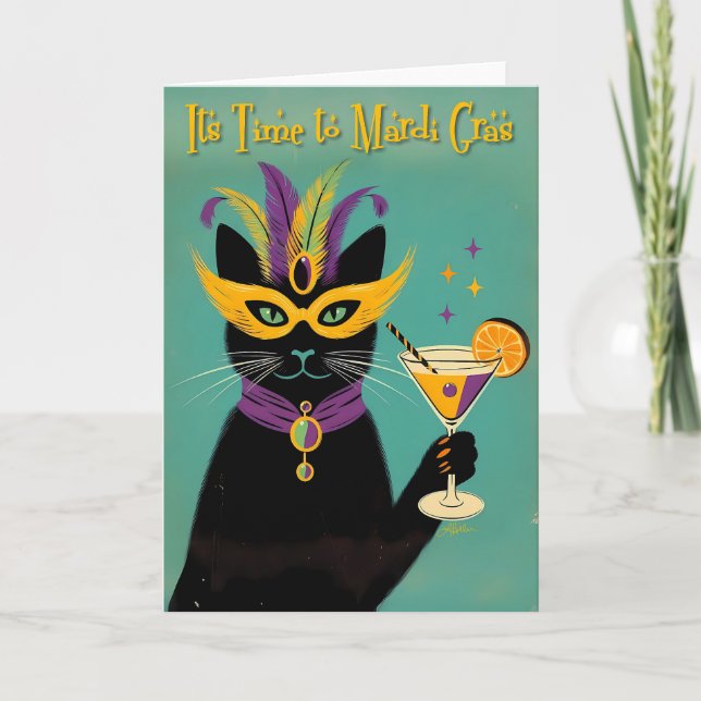 Cartão Sofisticados Retro É Hora do Martini de Mardi Gras (Frente)