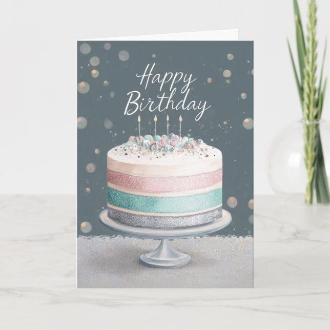 Cartão Soft Pastels Pink, Teal & Silver Birthday Cake (Frente)