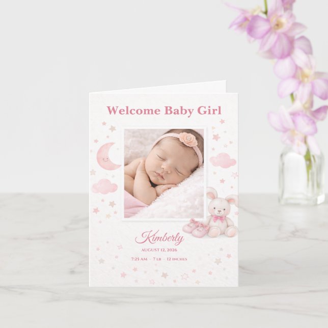 Cartão Soft Pink Stars & Moon Baby Birth Announcement (Orquídea)