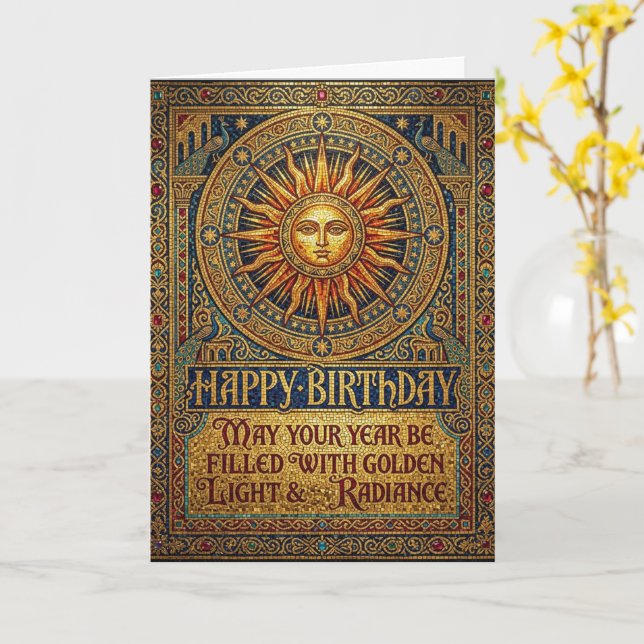 Cartão Sol Dourado Celestial Boho Feliz Aniversário (Flor Amarela)