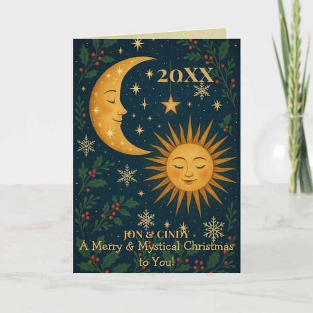 Cartão Sol & Lua Místicos Natal Personalizado (Frente)