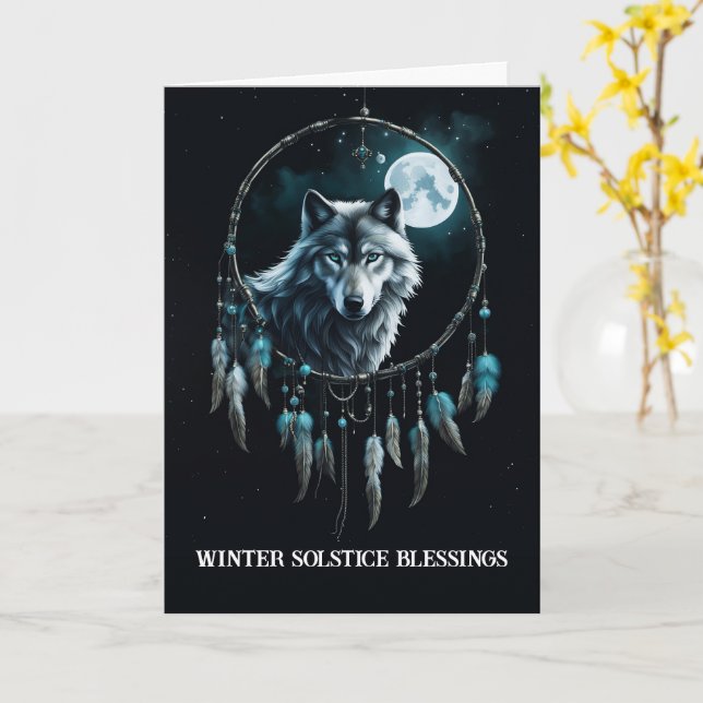 Cartão Solstício de Inverno com Lobo na Lua do Apanhador  (Flor Amarela)