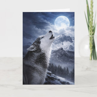 Cartão Solstício de Inverno Yule Lobo Cão e Lua em uma Ne