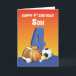 Cartão Son 4º Aniversário do Esporte Balls<br><div class="desc">Se o seu filho é uma daquelas crianças que realmente gostam de jogar jogos que envolvem bolas de esporte,  então esta é a única carta que você deveria dar a ele para sua próxima celebração de 4 anos. Vê-lo a saltar para alegria quando receber esta.</div>