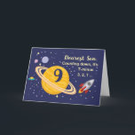 Cartão Son 9º Planetas de Aniversário no Espaço Exterior<br><div class="desc">O 9 está fora deste mundo,  especialmente quando é seu filho! Navio de foguetes,  planetas e estrelas enchem a frente do cartão com a mensagem como você conta para dizer Feliz Aniversário!</div>