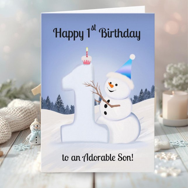 Cartão Son Happy 1st Birthday Snowman Building (Criador carregado)