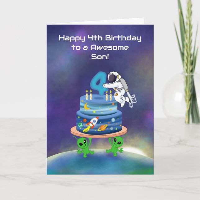 Cartão Son Happy 4th Birthday Astronaut with Cake (Frente)