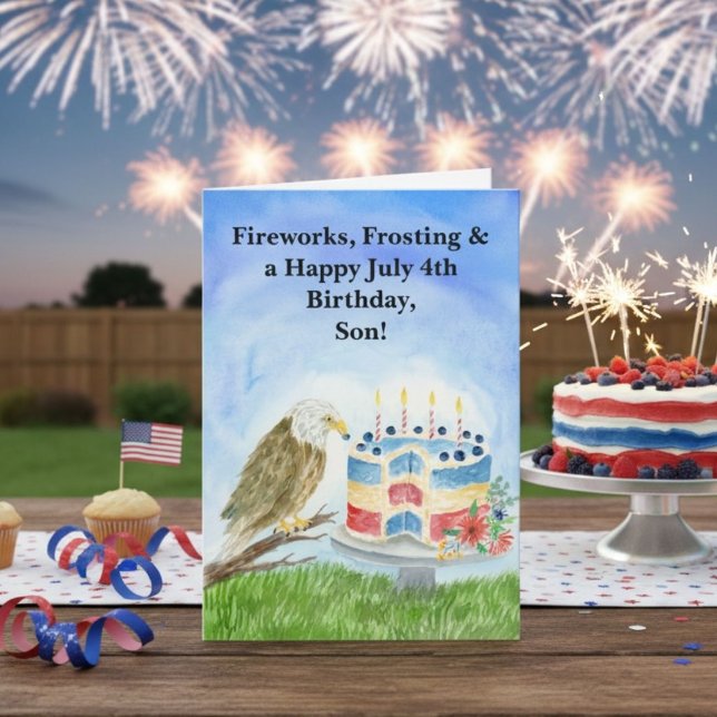 Cartão Son July 4th Birthday Bald Eagle & Patriotic Cake (Criador carregado)
