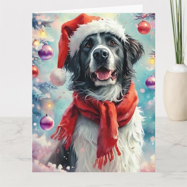 Cartão Sonho Natal Aquarela de Cachorro Negro e Branco (Frente)