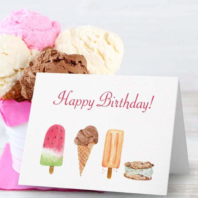 Cartão Sorvete de Aquarela e picles Aniversário (A sweet summer filled birthday card for anyone who loves ice cream and popsicles! )