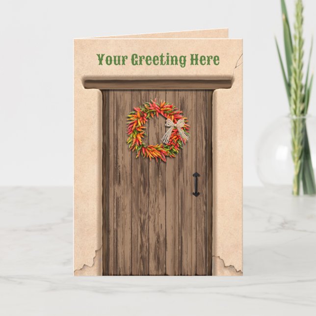 Cartão Southwest Chile Ristra Wreath on Rustic Wood Door (Frente)
