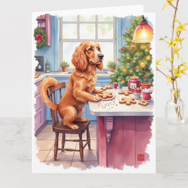 Cartão Spaniel Cocker Fofo de Natal Assando Biscoitos (Flor Amarela)