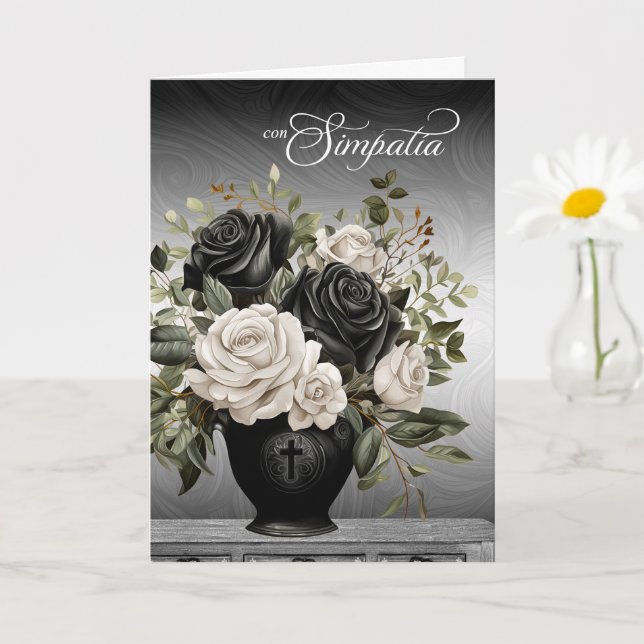 Cartão Spanish Sympathy Vase of Black and White Roses (Planta pequena)