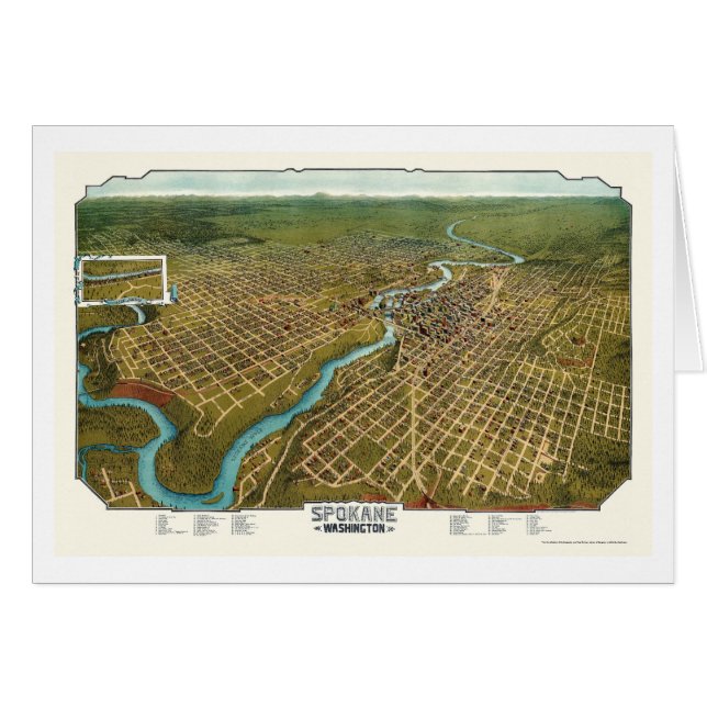 Cartão Spokane, mapa panorâmico de WA - 1905 (Frente Horizontal)
