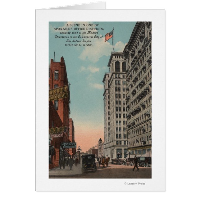 Cartão Spokane, WA - Vista de Centro com Horsecarts (Frente)