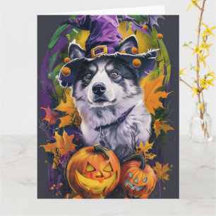 Cartão Spooky Akita Halloween Witch e Pumpkin