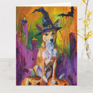 Cartão Spooky Basenji Halloween Witch E Pumpkin
