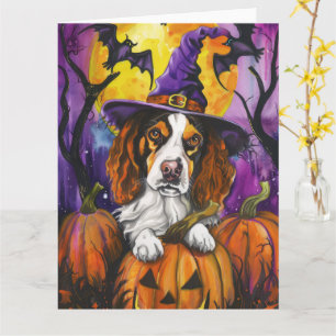 Cartão Spooky Brittany Spaniel Halloween Witch Pumpkin