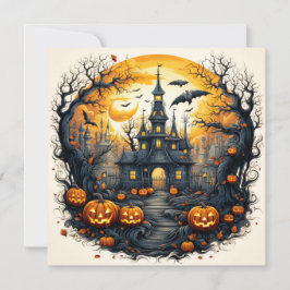 Cartão Spooky Halloween Cidade Sob Uma Lua Cheia
