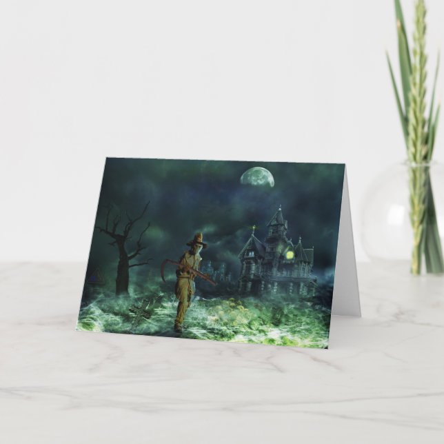 Cartão Spooky Halloween Grim Reaper e Casa Assombrada (Frente)