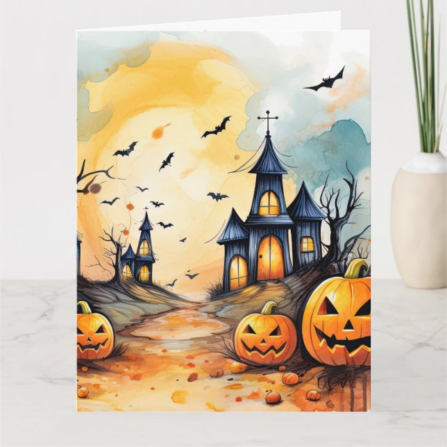 Cartão Spooky Jack O’Lanterns Bats Ghost Halloween (Frente)