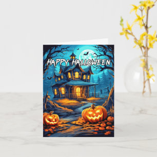 Cartão Spooky Pumpkins Hunted House Feliz Halloween