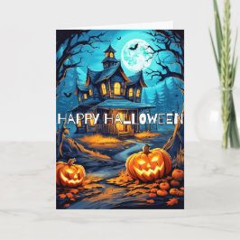 Cartão Spooky Pumpkins Hunted House Feliz Halloween